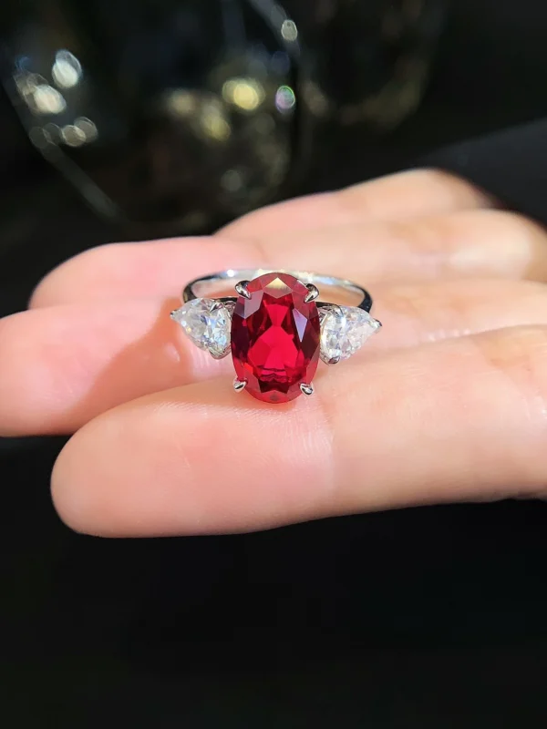 Blood Red Oval Ring Rhodium Plated, Gift for Women & Girls - Image 3