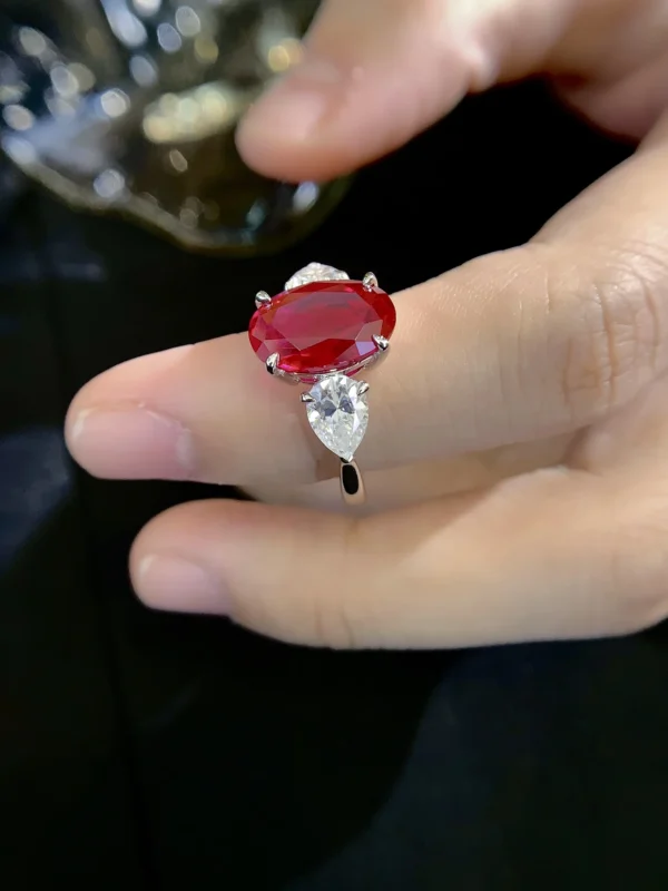 Blood Red Oval Ring Rhodium Plated, Gift for Women & Girls - Image 4